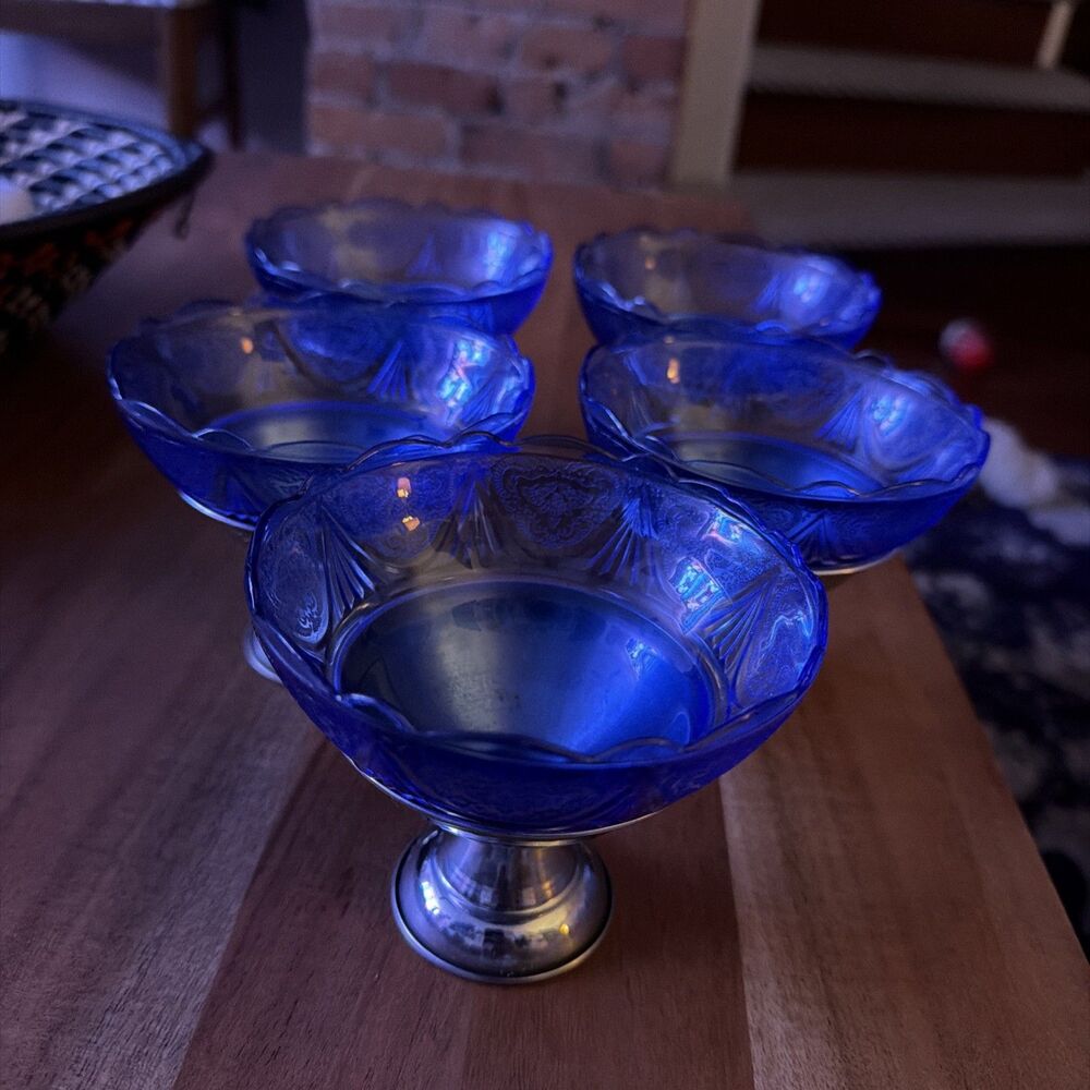 Cobalt Blue Royal Lace Depression Glass Sherbet Dish Hazel-Atlas Set Of 5
